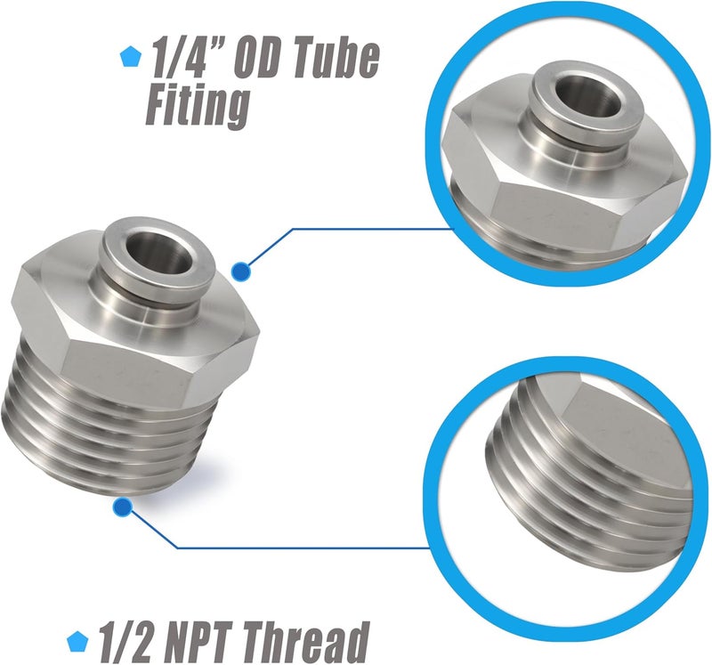 MSAEIQUN Stainless Steel 1/4 Air hose fittings, Push to Connect Air fittings Male Straight 1/4 Inch Tube OD x 1/2 NPT Thread Fitting (Pack of 2) - Image 2